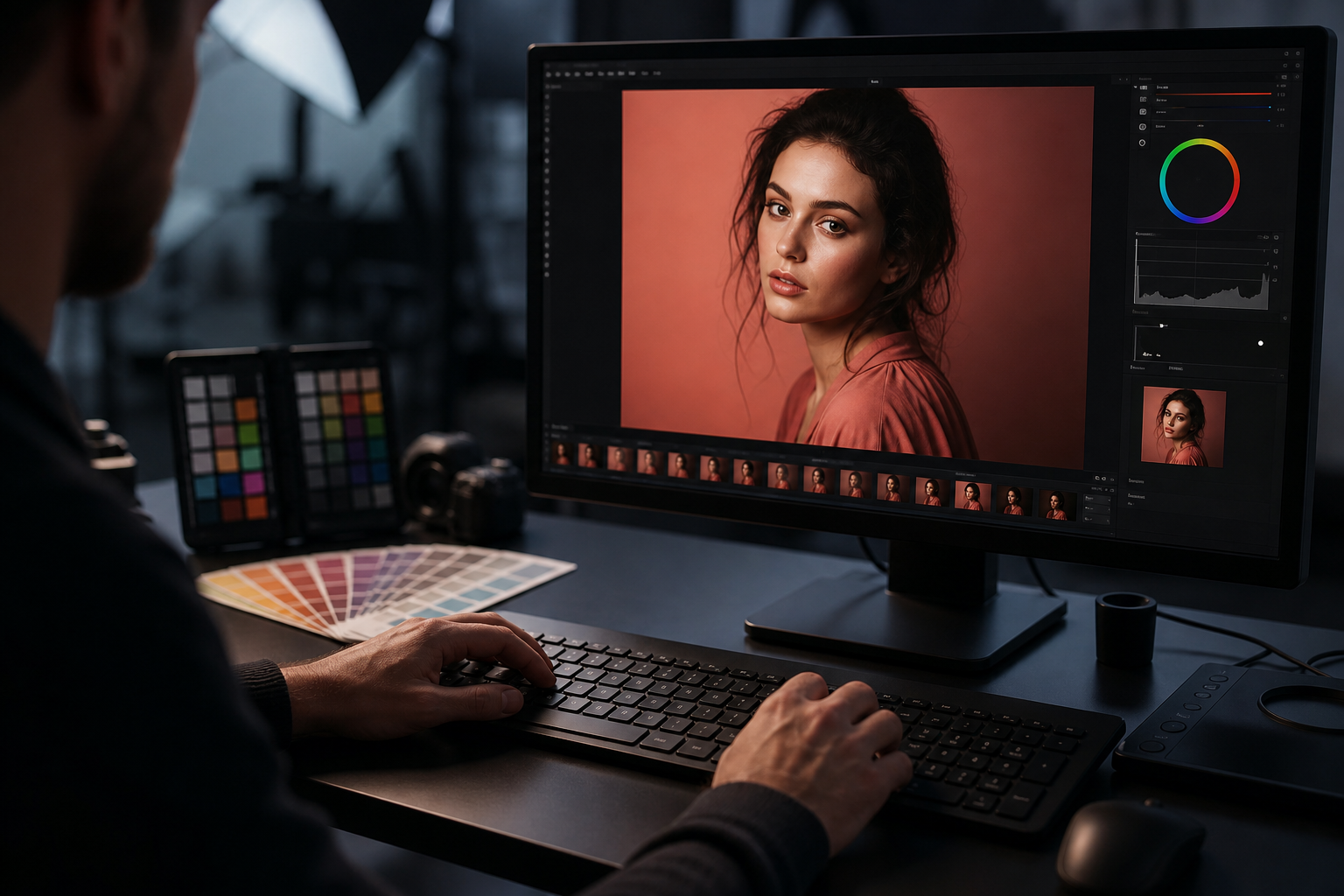 Séance de retouche photo sur écran avec calibration des couleurs